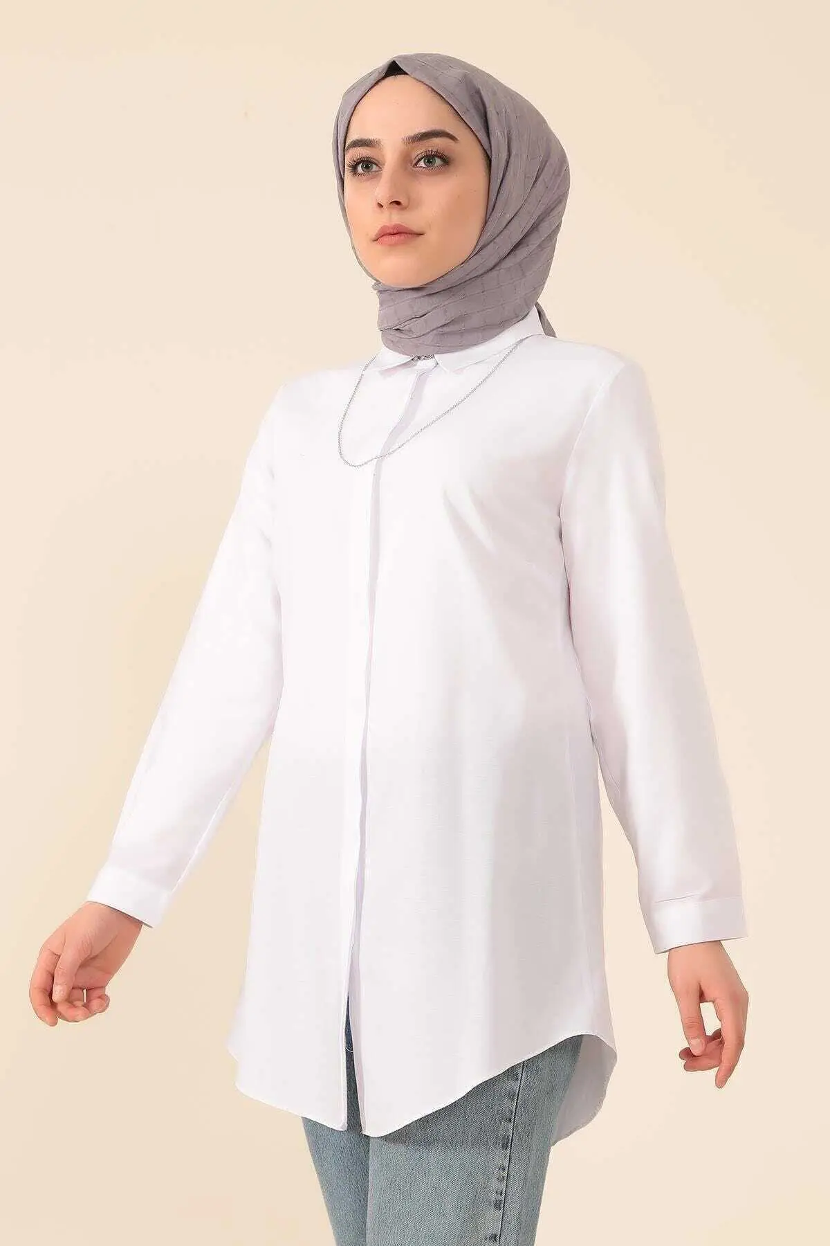 پیراهن بلند دکمه مخفی یقه کلاسیک زنانه سفید برند MODA GÜLAY 