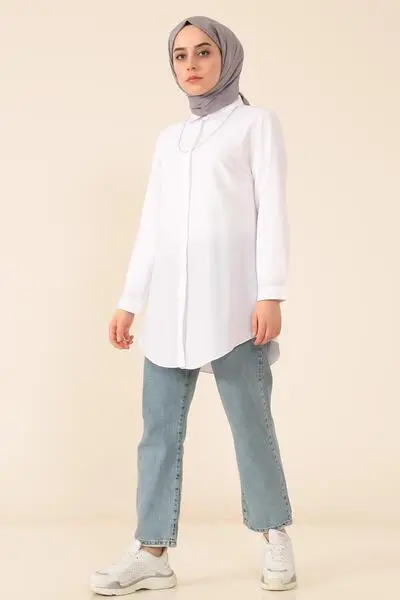 پیراهن بلند دکمه مخفی یقه کلاسیک زنانه سفید برند MODA GÜLAY 