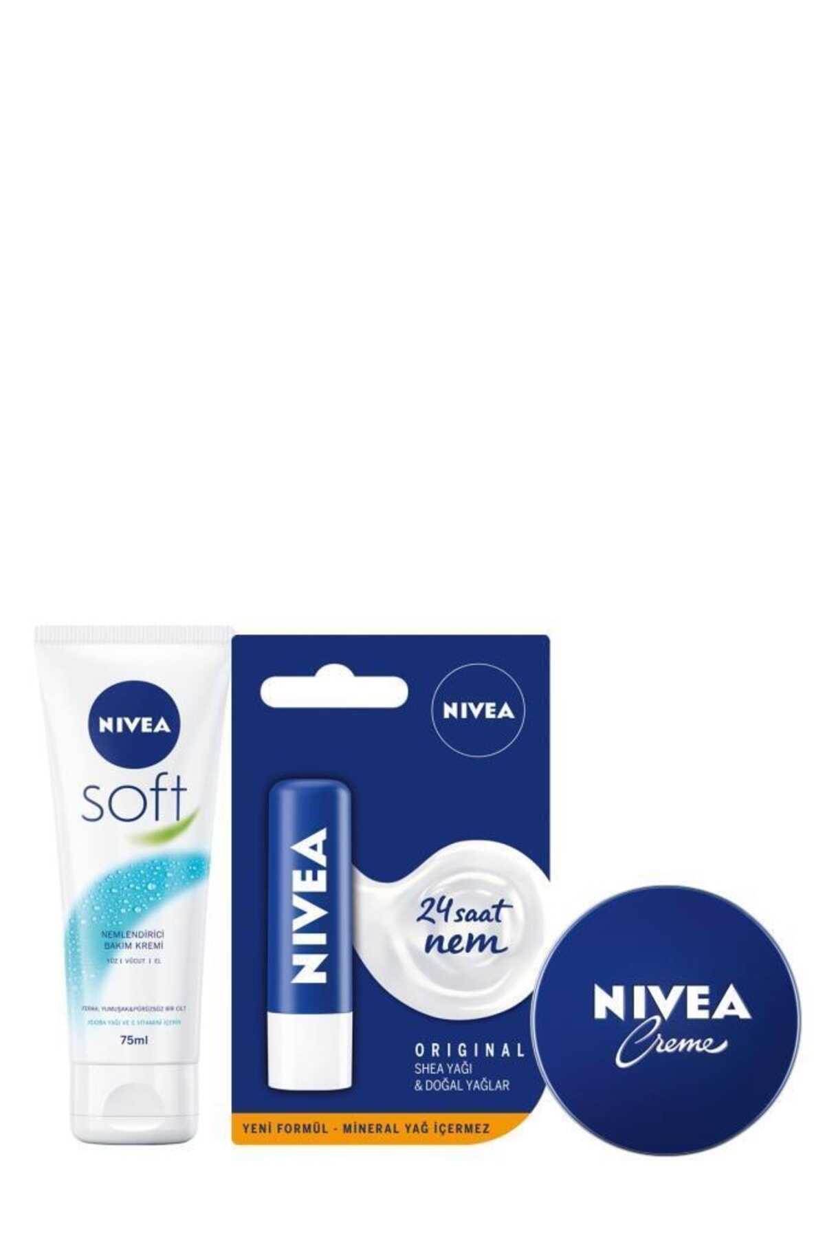 ست 3 عددی کرم نرم کننده 75 میل - بالم لب 4.8 گرم - کرم 75 میل برند Nivea 