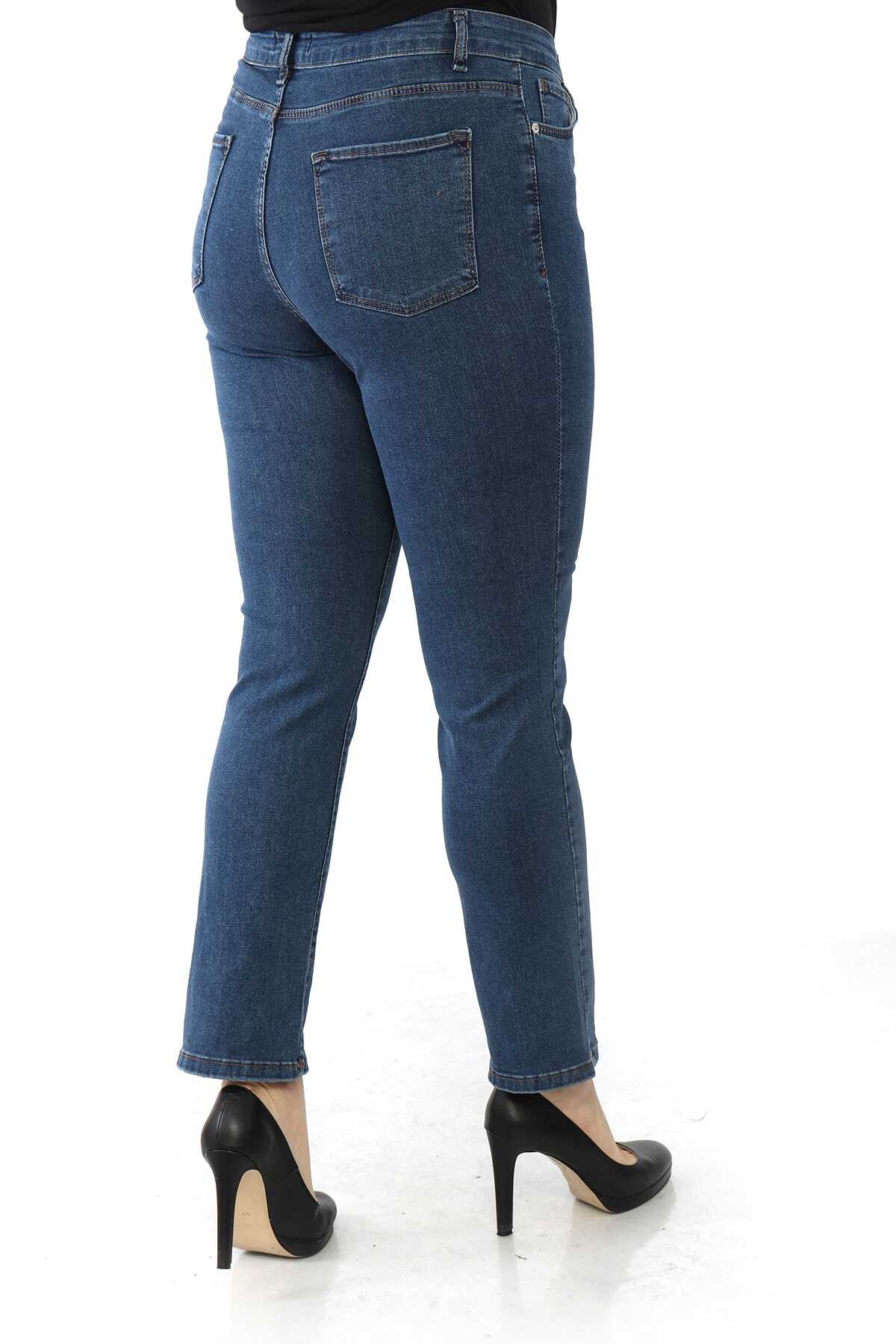 شلوار جین راسته فاق بلند سایز بزرگ زنانه آبی تیره برند Heves Giyim