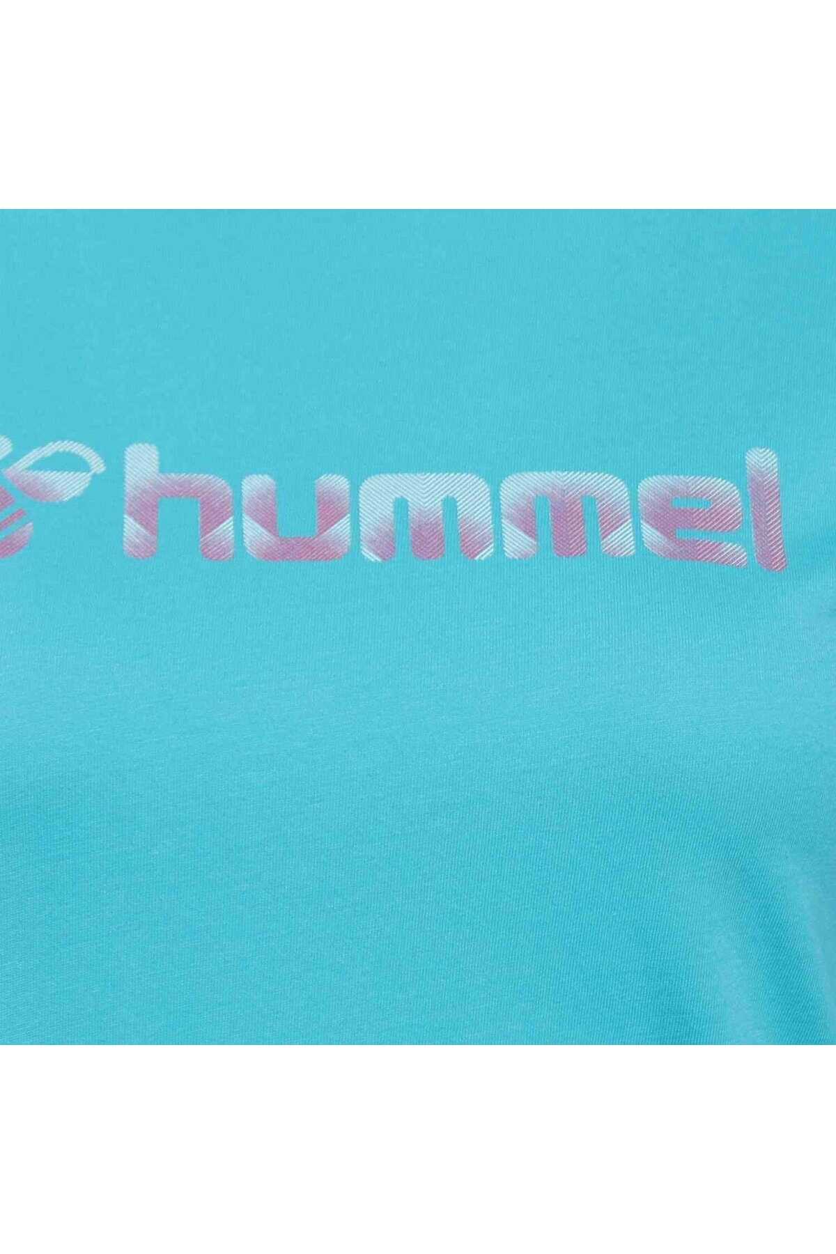 تیشرت یقه گرد چاپ دار زنانه آبی برند HUMMEL
