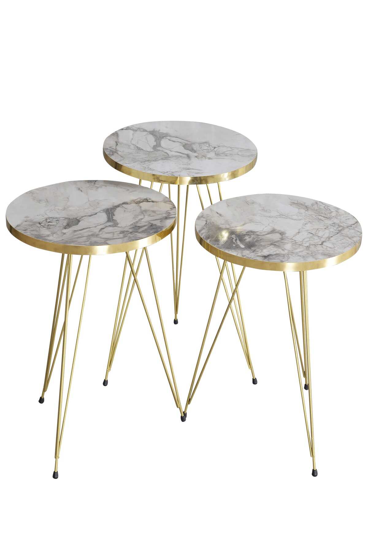 ست 3 عددی میز عسلی فلزی طرح سنگ سفید طلایی برند GOLDFALEZ