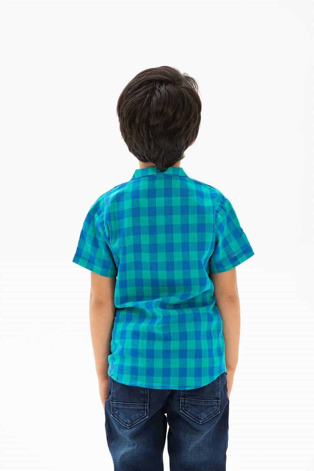 پیراهن بچه گانه پسرانه یقه ترکیبی آستین کوتاه سبز آبی برند Eliş Şile Bezi