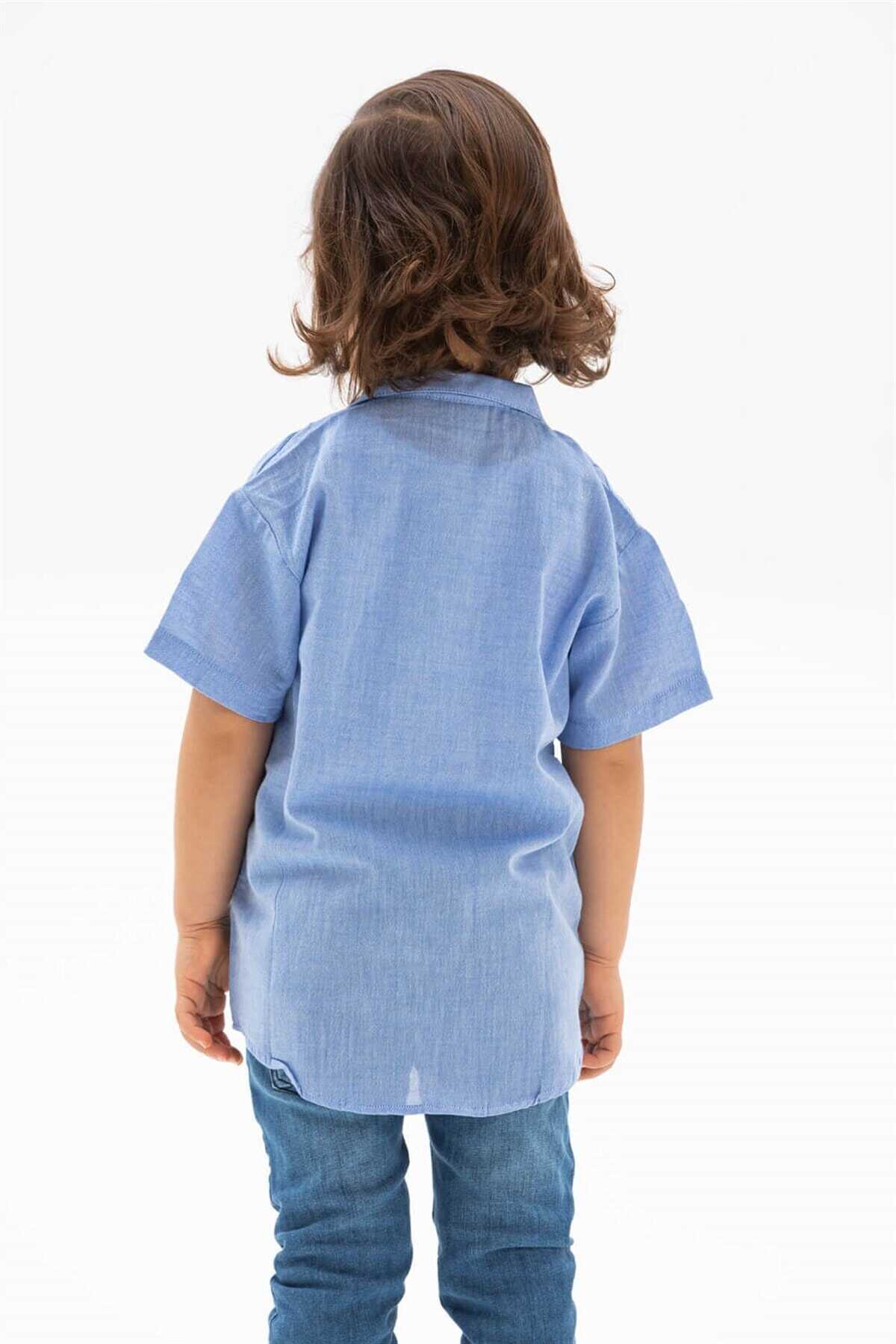 پیراهن بچه گانه پسرانه یقه ترکیبی آستین کوتاه آبی برند Eliş Şile Bezi
