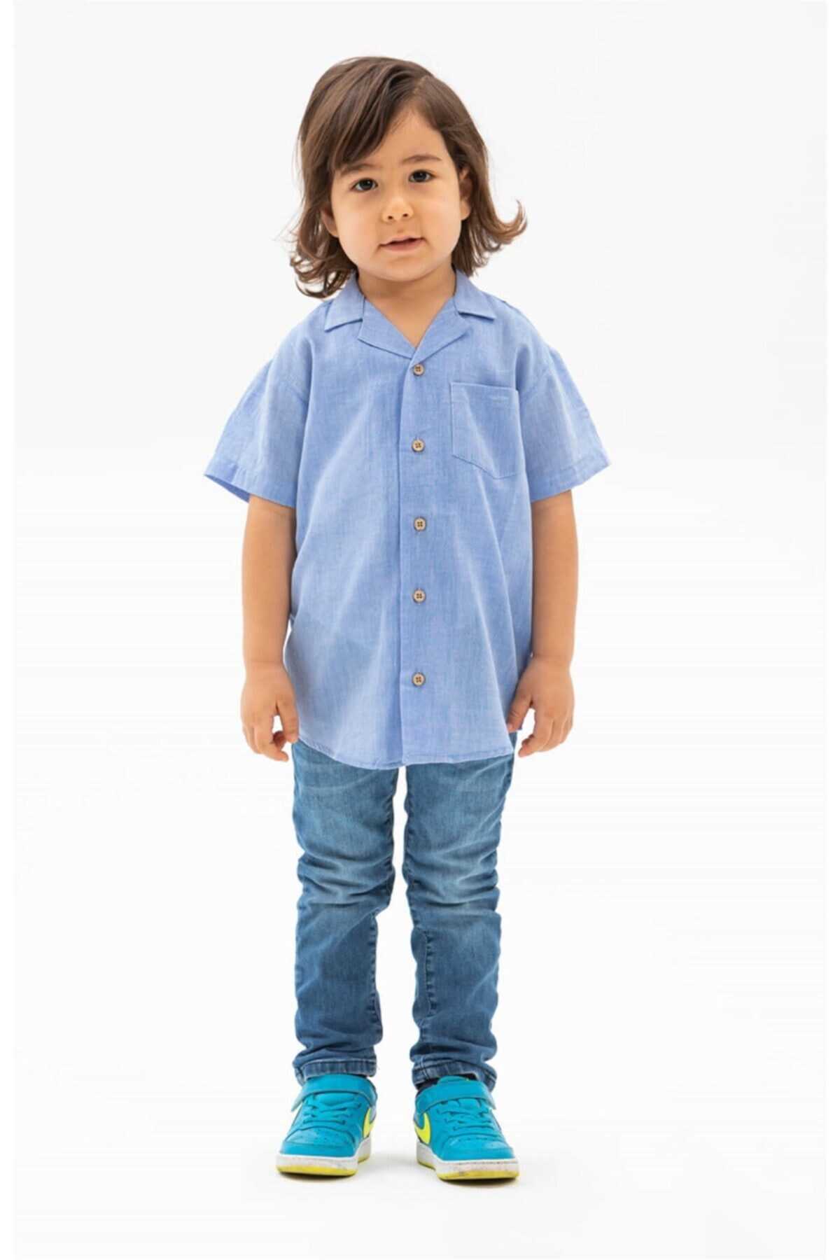 پیراهن بچه گانه پسرانه یقه ترکیبی آستین کوتاه آبی برند Eliş Şile Bezi