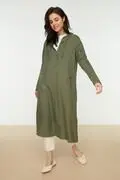 مانتو اسپرت بلند کلاه دار سبز زیتونی برند Trendyol Modest