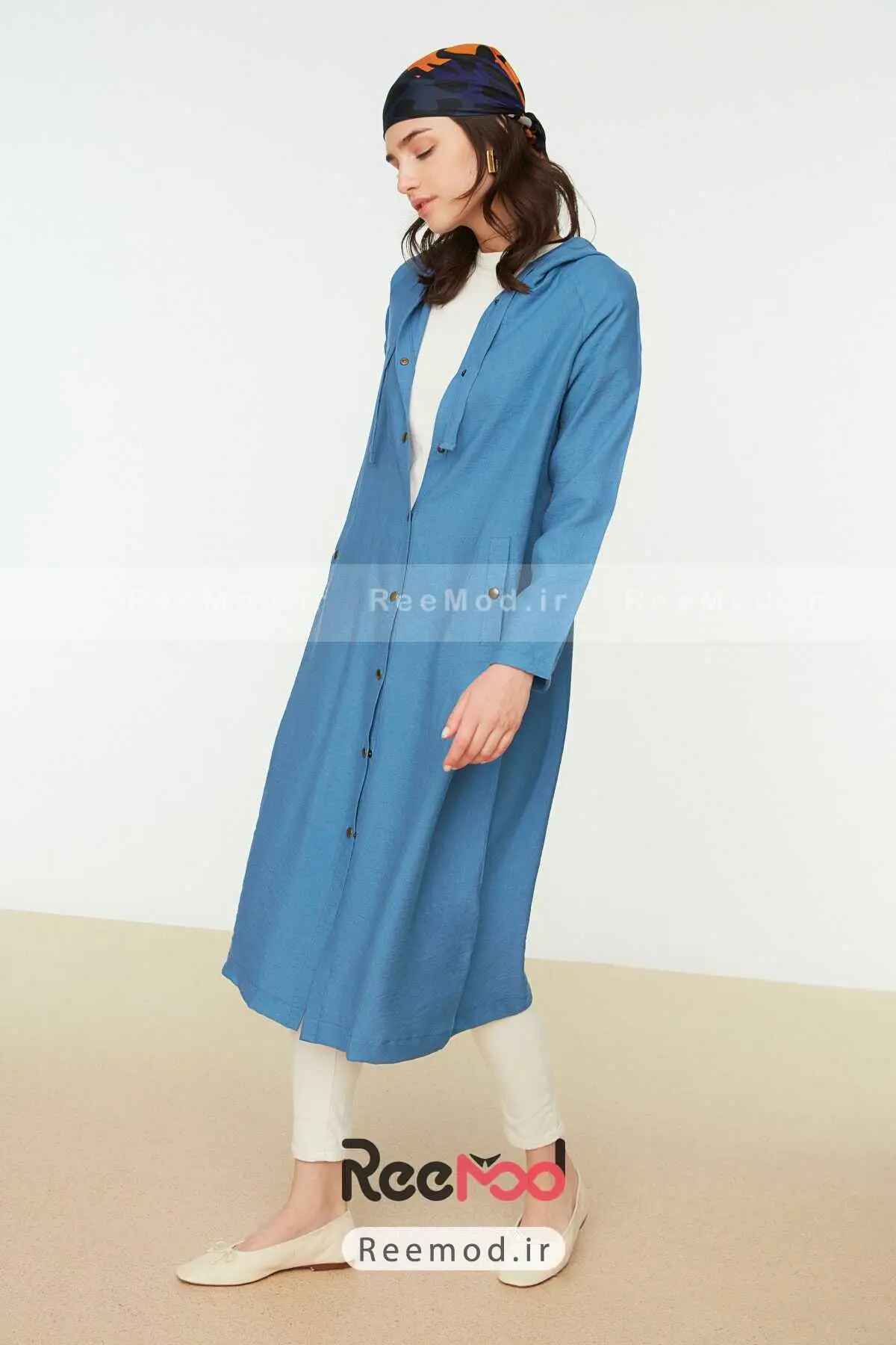 مانتو اسپرت بلند کلاه دار نیلی برند Trendyol Modest