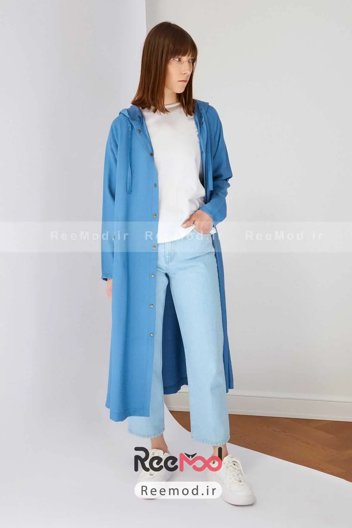 مانتو اسپرت بلند کلاه دار نیلی برند Trendyol Modest
