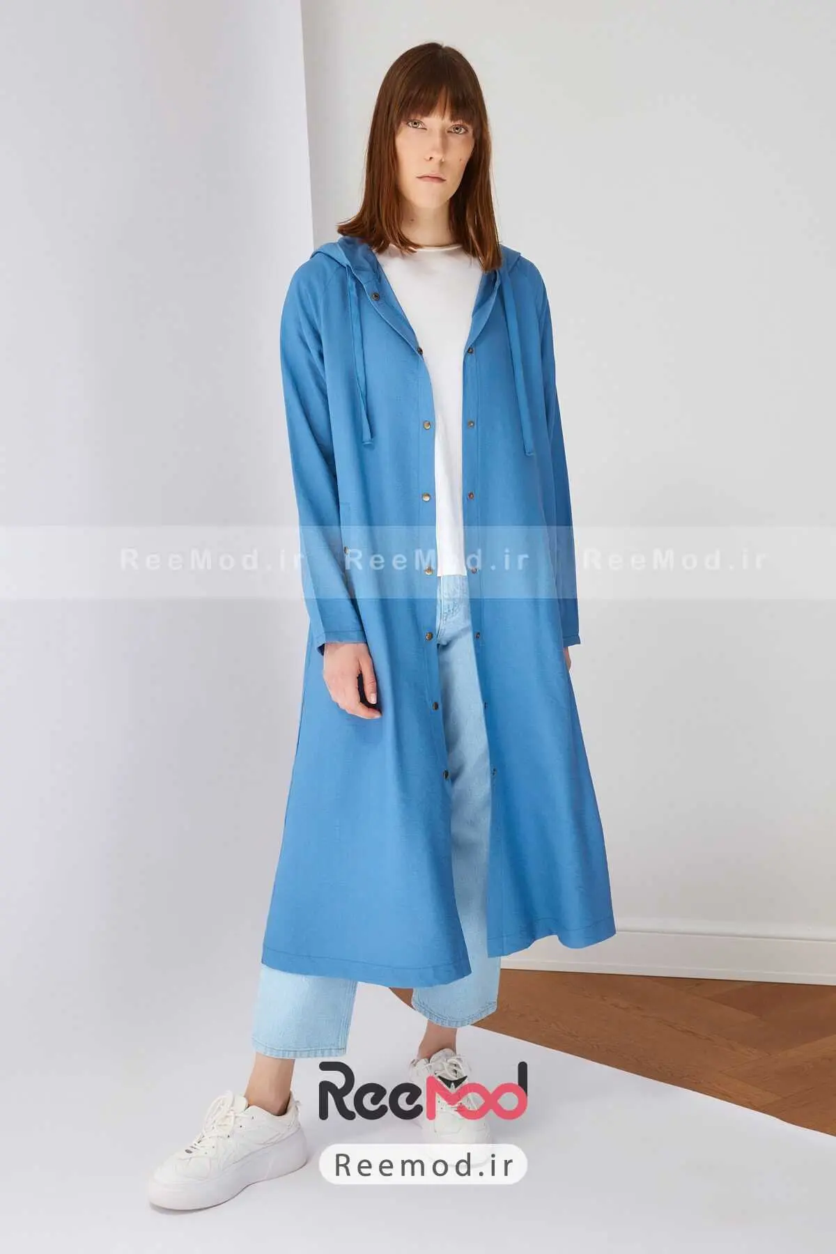 مانتو اسپرت بلند کلاه دار نیلی برند Trendyol Modest