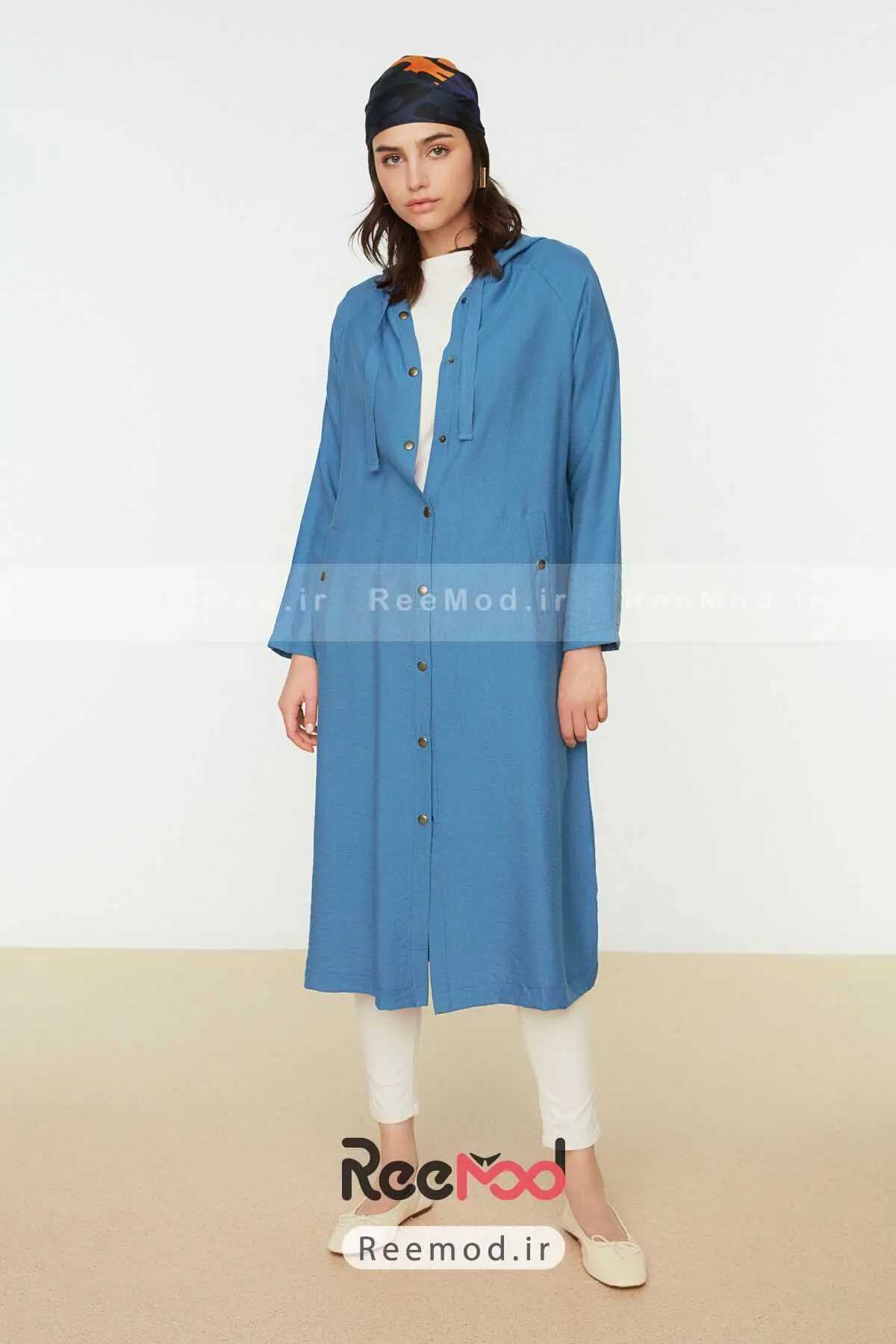 مانتو اسپرت بلند کلاه دار نیلی برند Trendyol Modest