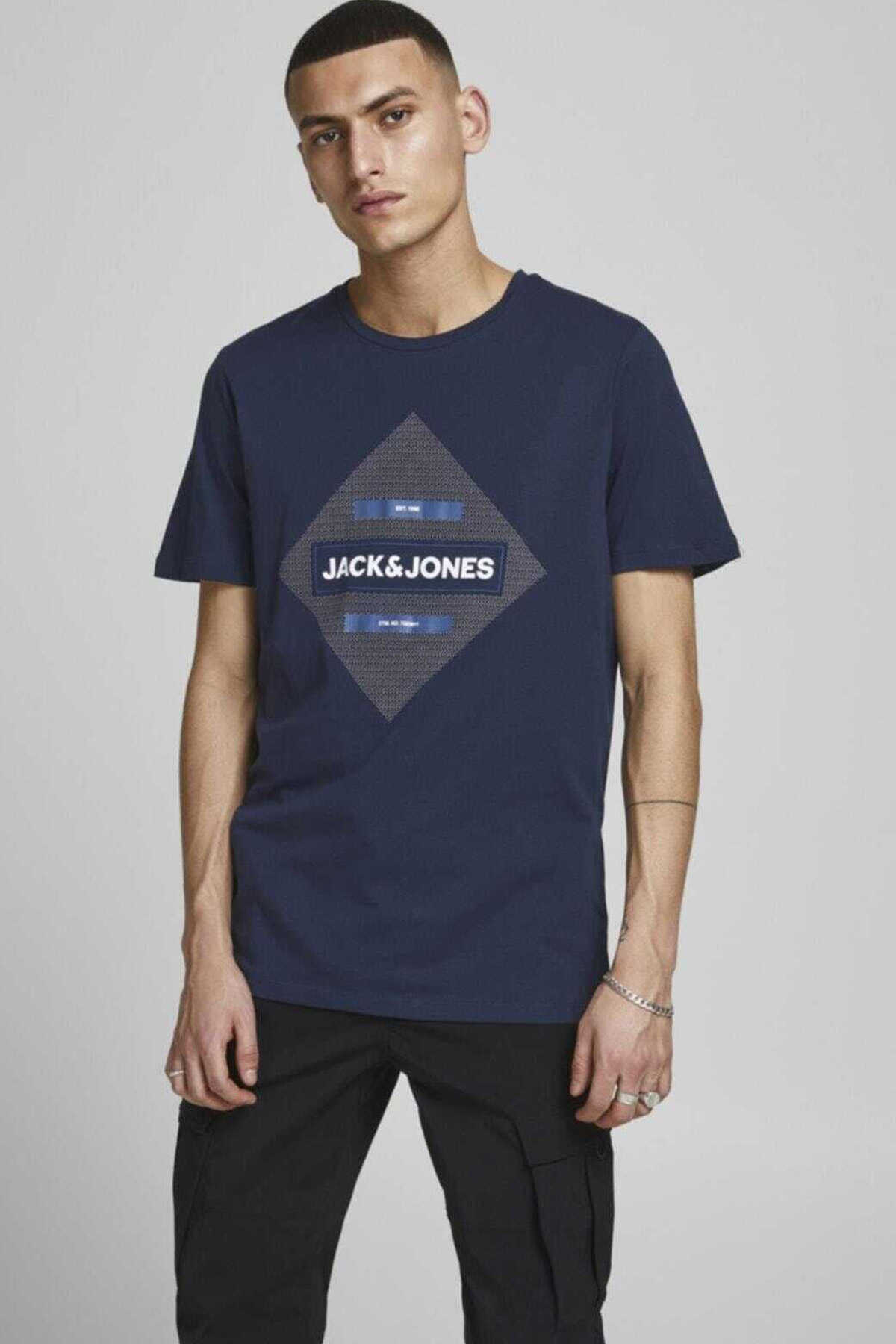 تیشرت مردانه چاپ دار یقه گرد سرمه ای برند Jack & Jones