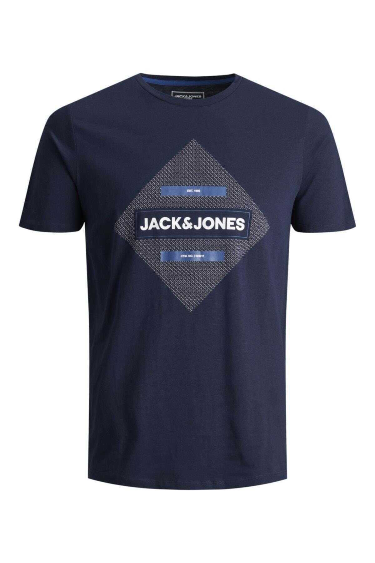 تیشرت مردانه چاپ دار یقه گرد سرمه ای برند Jack & Jones