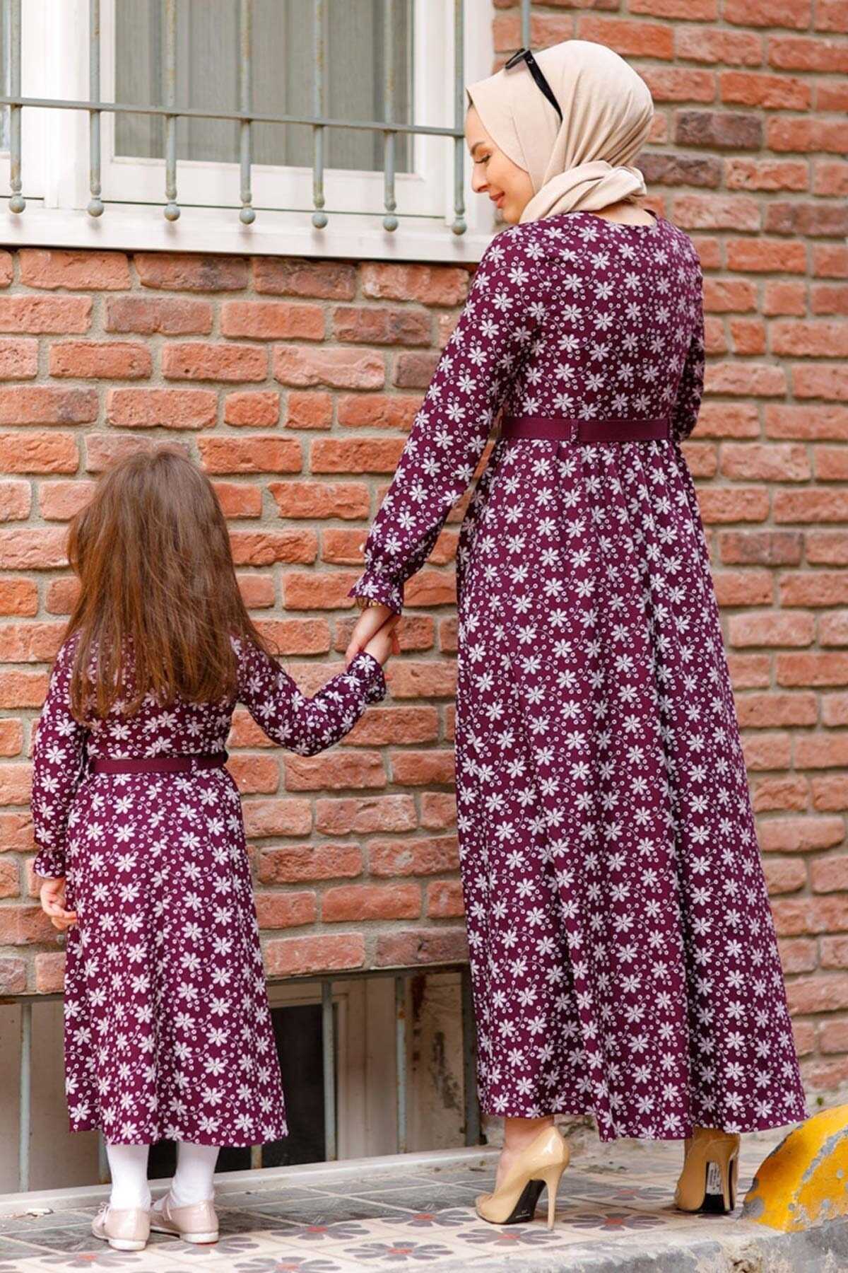 ست لباس مادر دختری گل دار کمربند دار بنفش برند Modamihram