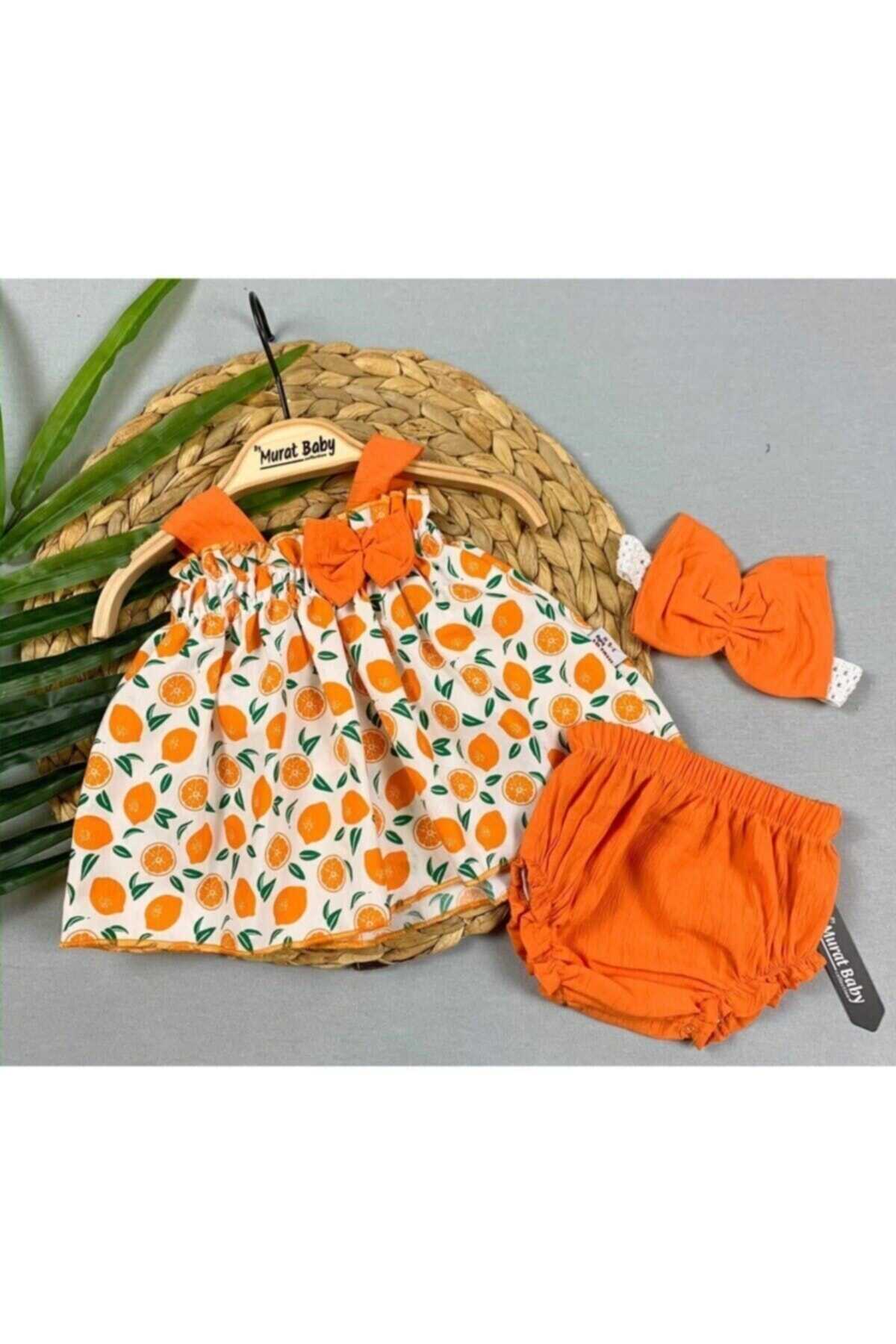ست 3 تکه لباس طرح دار نوزاد دختر نارنجی برند BYMURAT BABY